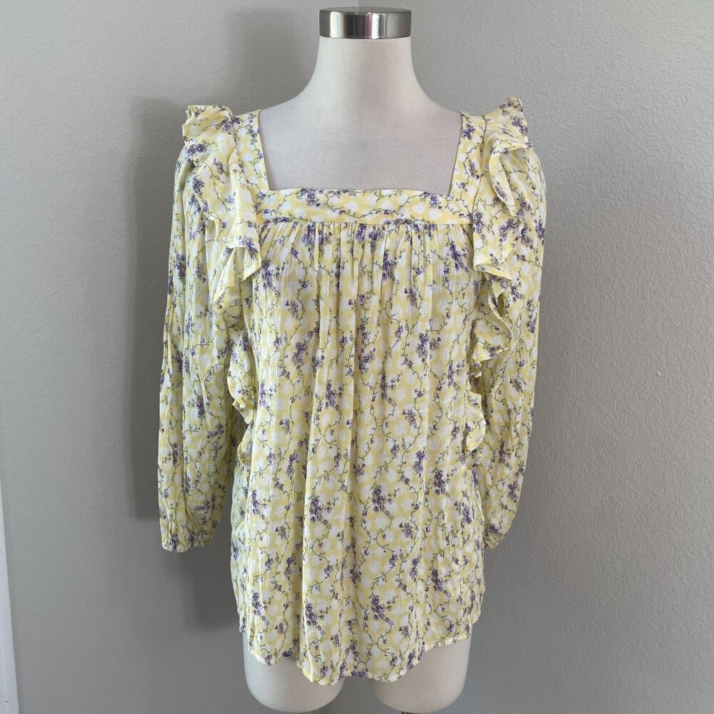 NEW Chaps Womens Small Yellow Floral Ruffled Square Neck‎ Blouse Shirt